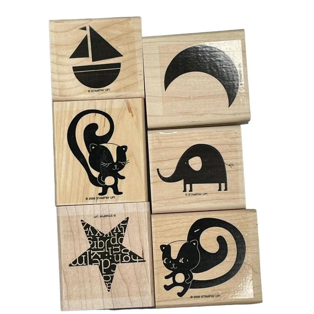 Stampin Up 2006 Rubber Stamps Wood Star, Skunk, Elephant, Moon  Lot of 6